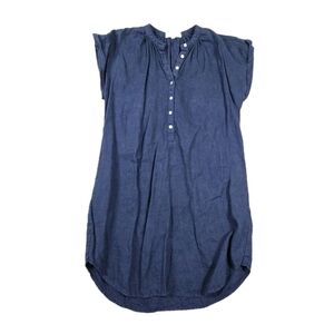 Casual Navy Blue Button-Down Dress 100% Linen Short Roll Tab Sleeves Summer